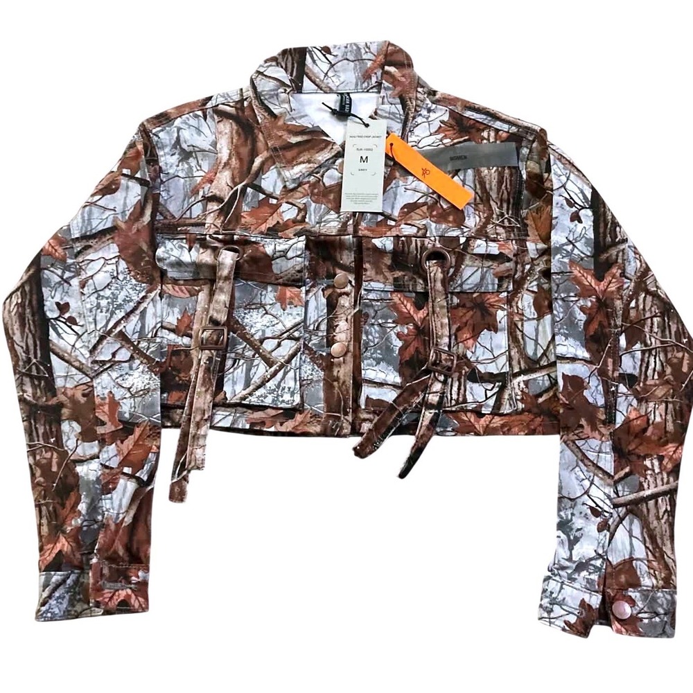 American Bazi Womens Realtree Crop Jacket Grey Camo Utility Buckle RJK-10553 M